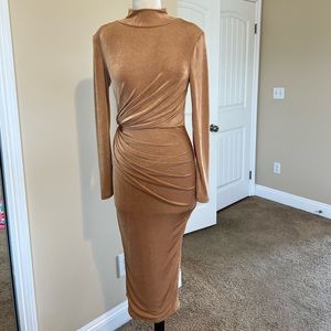 Gold Mock Neck LS midi dress